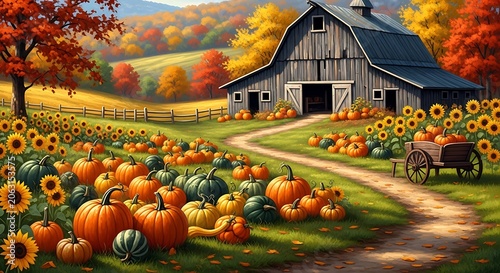 Cozy autumn scene a rustic barn surrounded by vibrant fall colors and pumpkins for halloween