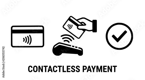 Contactless Payment Icons Set Featuring Credit Card Terminal and Success Symbol