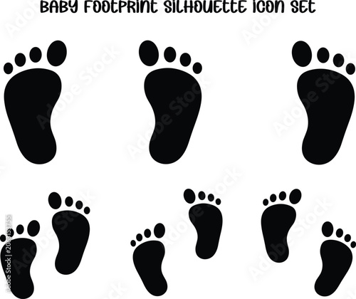 Black baby footprint silhouette isolated on white background, set