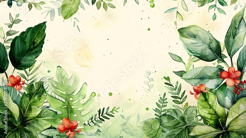 Watercolor botanical border frame template, featuring lush greenery and floral elements for artistic designs.