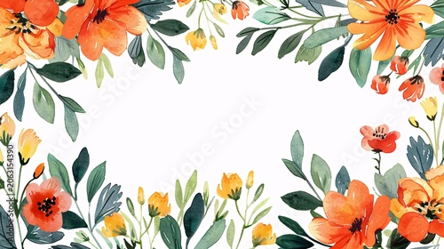 Lively botanical border in watercolor, forming a frame template for creative projects and displays.