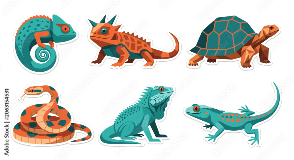 Obraz premium A vibrant collection of diverse reptiles, including chameleons, iguanas, a snake, and a tortoise, depicted as charming cartoon stickers on a clean white background.