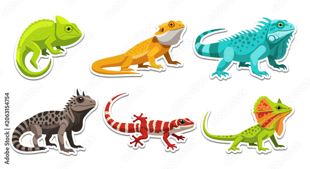 Fototapeta premium A vibrant collection of diverse lizard species, showcasing their unique colors and characteristics in a detailed, illustrative style.