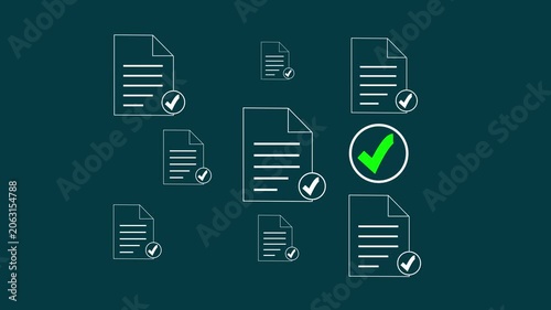 Business person using a laptop with document icons with checkmarks representing document management, quality control, and digital work flow. Motion graphics of document verify concept,4k quality video