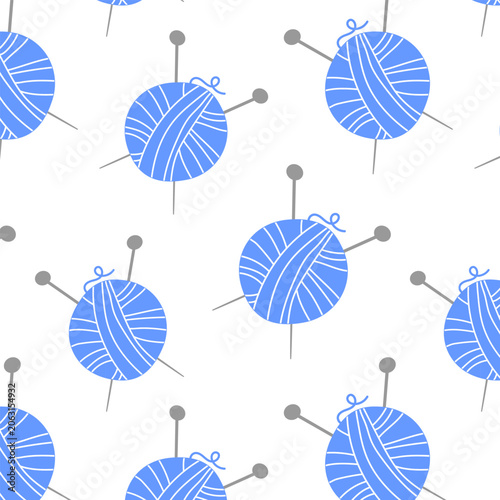 Seamless knitting pattern with blue yarn balls and grey needles on white backdrop. Minimalist flat vector texture with pastel craft elements for fabric.