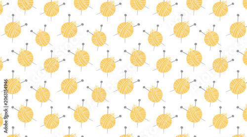 Seamless knitting pattern with warm beige yarn balls and grey needles on white. Minimalist flat vector texture for cozy hobby blog and packaging.