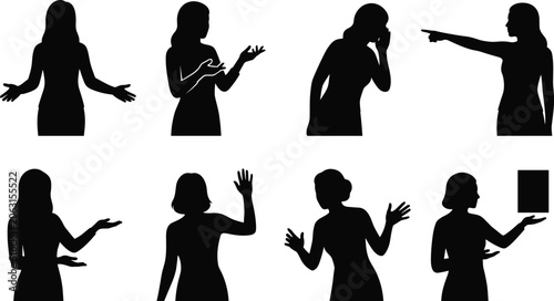 Cuadro en lienzo Expressive human gesture silhouettes showing communication, pointing, greeting,