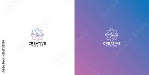 Modern minimalist gear logo design with a gradient blue and purple hue, representing innovation and creativity in business and technology sectors