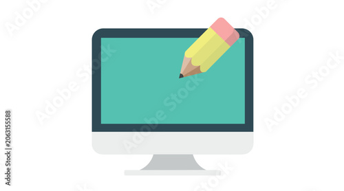 Flat vector desktop computer with pencil icon: PC workstation displaying digital drawing and creative design symbol on screen, minimalist graphic design element.