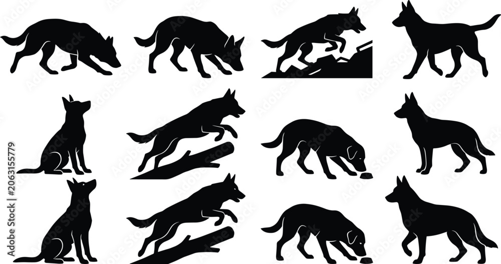 Obraz premium German Shepherd dog silhouettes in multiple poses including walking, sitting, sniffing, and jumping for design projects