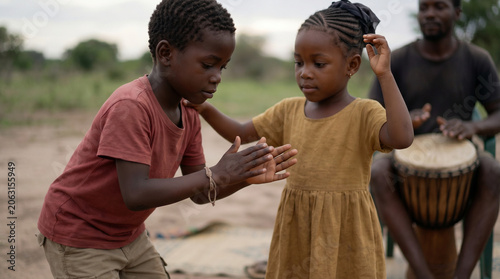 African kids dancing to drumbeat - Two young Black children dancing joyfully outdoors with drums nearby  