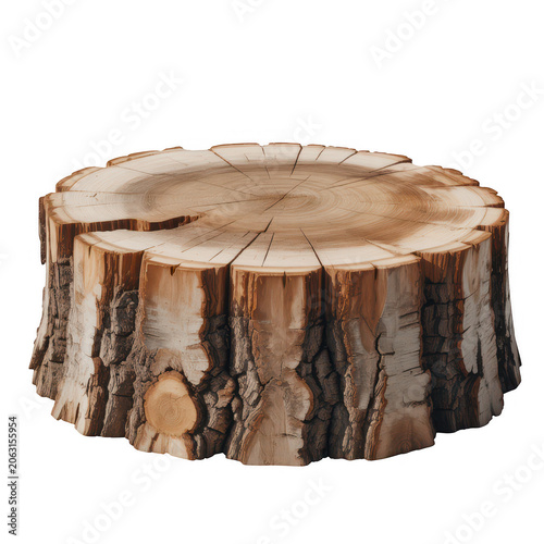 A circular wooden tree stump showing intricate growth rings, textured bark, and a natural wood surface isolated on a clean white background