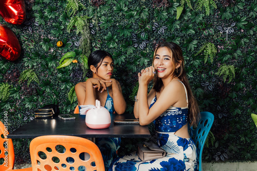 Photos Mujer joven con brackets sonriendo alegremente a la cámara mientras su amiga la mira con una expresión divertida de escepticismo o celos en un café