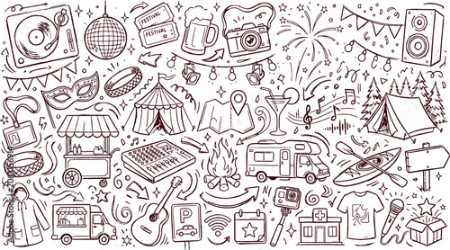 Bild auf Leinwand Leisure and entertainment event concept doodle collection with entertainment fes