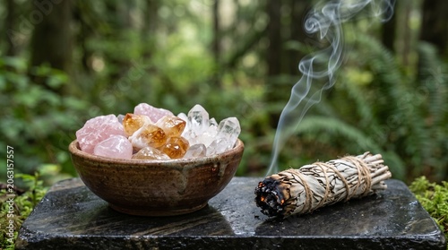 Bowl of healing crystals and burning sage bundle on stone surface in forest, spiritual practice.