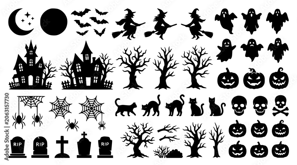 Fototapeta premium Spooky Halloween silhouette elements collection featuring haunted houses witches ghosts pumpkins bats and graveyard vector icons