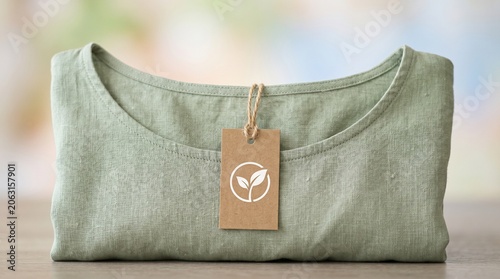 Folded light green linen shirt with a recycled brown paper tag featuring a leaf symbol, sustainable clothing concept.