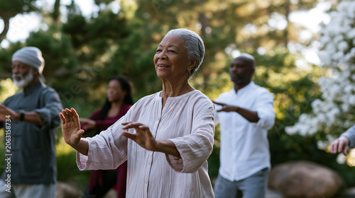 elderly people practicing tai chi exercise together in park representing wellness fitness meditation and healthy senior lifestyle concept