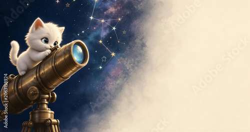 Cute 3D White Kitten on Telescope Looking at Starry Night Sky Background