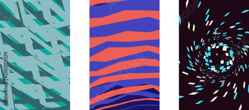 Abstract Pattern Background Set – Teal Geometric, Red Orange Wave Stripe, Dark Blue Spiral Swirl Vertical Banner Vector