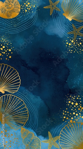 Watercolor background with golden seashell and starfish.