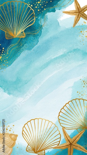Watercolor background with golden seashell and starfish.