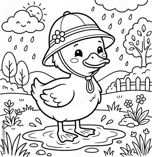 Fotografie Cute duck in rain with flowers coloring page for kids and toddlers activity