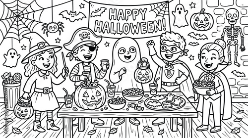 Halloween party coloring page kids celebrating with treats costumes and spooky decorations