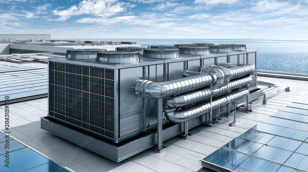 Fototapeta premium Industrial HVAC chiller unit on building roof with solar panels