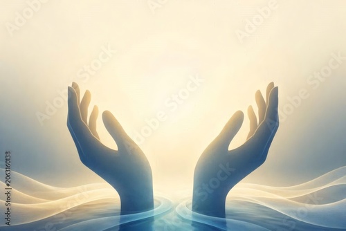 Cinematic portrayal of hands in a blessing posture beside a glowing stream of water, suggesting anointing, prayer, and spiritual care for pastoral resources and inspirational media.
