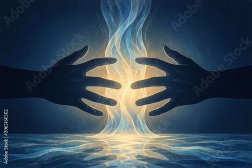 Minimalist yet powerful depiction of a sheet of water glowing between two dark hands, symbolizing ritual cleansing, renewal, and sacred ceremony for liturgy programs and sacramental design.
