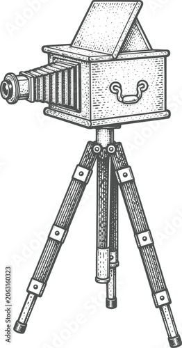 Slika na platnu Antique Bellows Camera on Tripod Vintage Engraving Vector Illustration