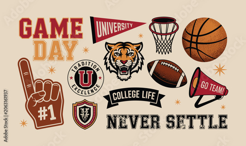 Collegiate Varsity Sports Vector Elements Set with Tiger Mascot for Apparel and Fan Merchandise