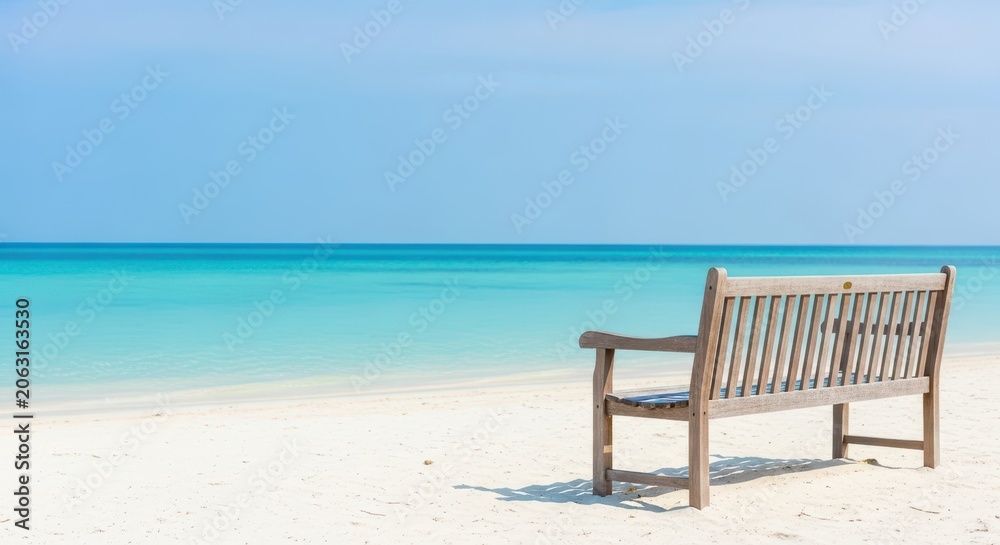 Fototapeta premium A tranquil wooden bench awaits relaxation on a pristine white sandy beach, offering a perfect scenic view of the calm turquoise ocean water, destination, tranquil, summer