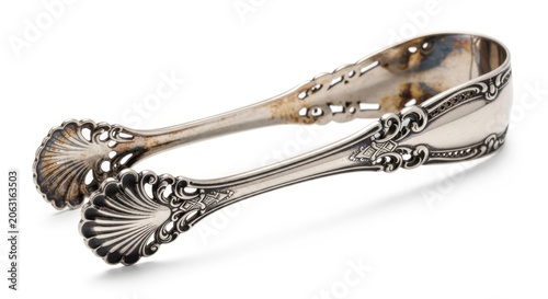 Antique Silver Sugar Tongs, Ornate Victorian Serving Utensil, Isolated on White