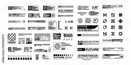 Quadro su tela Retro futuristic industrial labels, packaging and warning symbols, fake logos, dystopian sci-fi elements