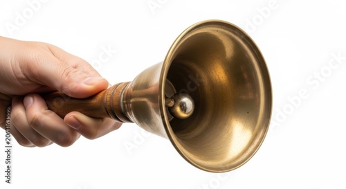 Hand Holding Brass Bell with Wooden Handle, Isolated on White Background