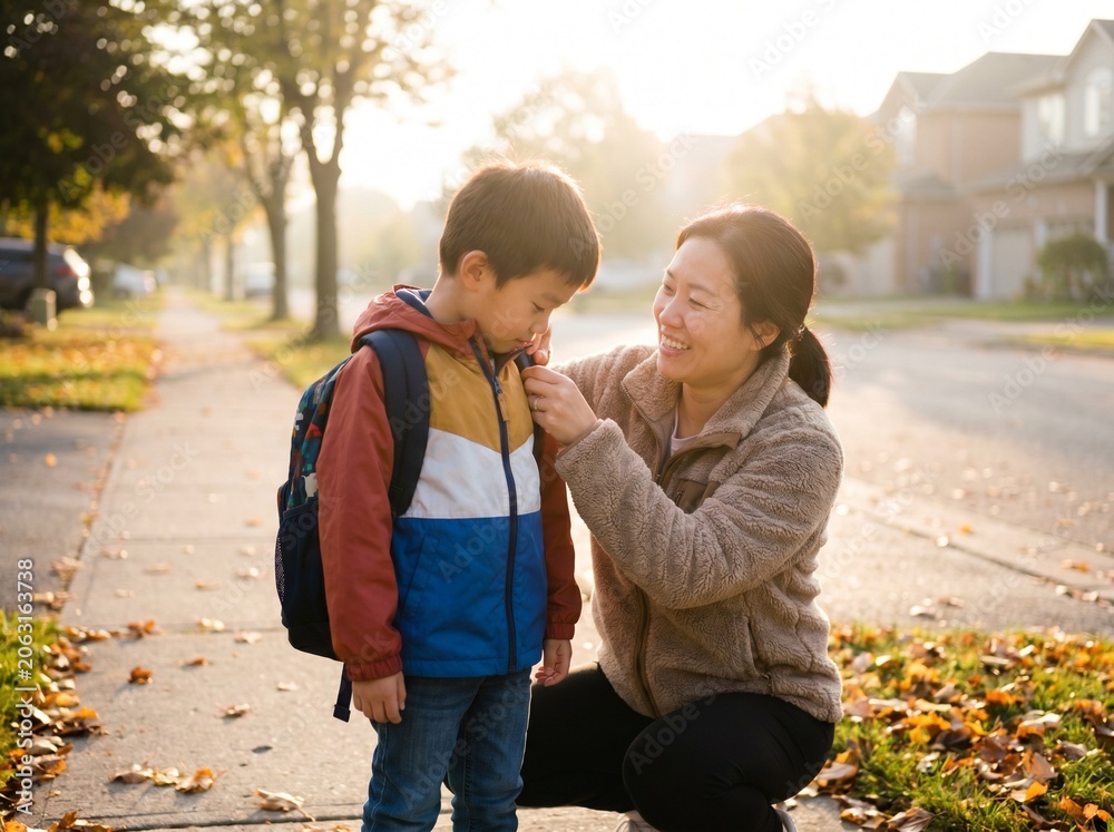 Fototapeta premium Mother helps her son adjust his backpack on a sunny autumn morning before school