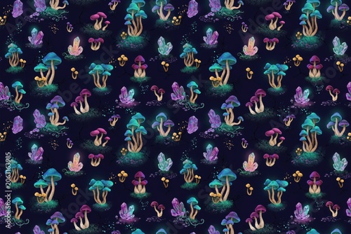 Magical seamless pattern featuring glowing mushrooms and sparkling crystals in various colors on a dark navy blue background texture