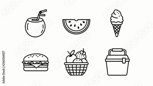 Fotografie Summer Food Icons: Coconut, Watermelon, Ice Cream, Burger, Fruit Basket, Cooler