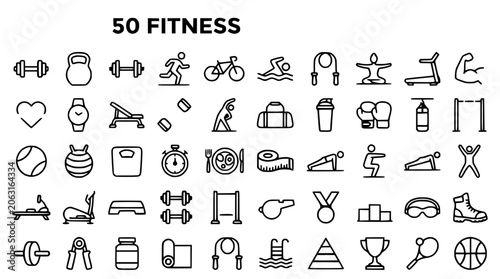 Fitness icons illustrate various exercise equipment and activities in a gym setting with people