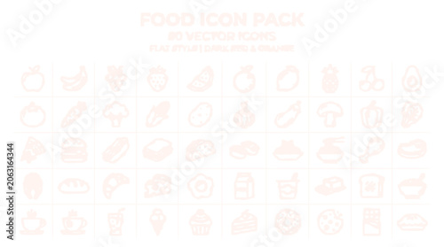 Create an icon sheet featuring various food items and kitchen tools