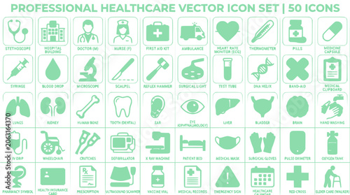 Healthcare icon sheet with medical symbols and signs