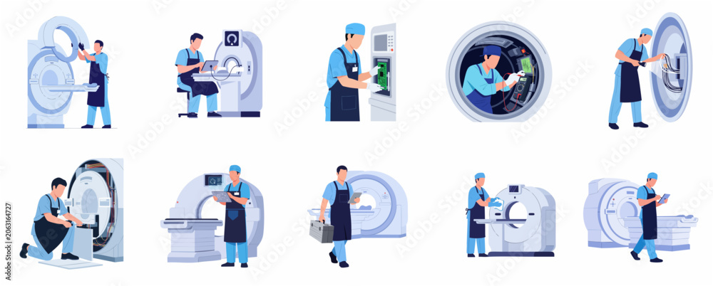 Fototapeta premium Collection of technicians and engineers performing maintenance and repair on medical MRI and CT scan machines, flat illustration set