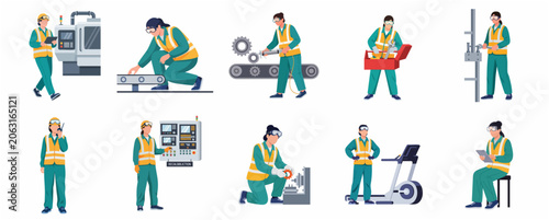 Set of industrial female worker characters operating machinery and tools in factory environment, flat vector illustration isolated on white background