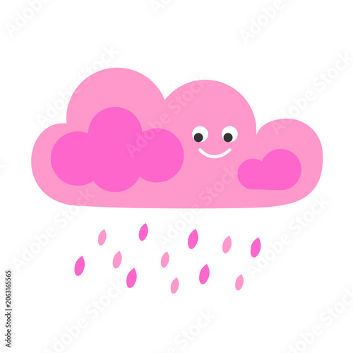 Cute cartoon rain cloud character with smiling face isolated on white background. Sweet purple weather vector illustration with blue raindrops for kids.