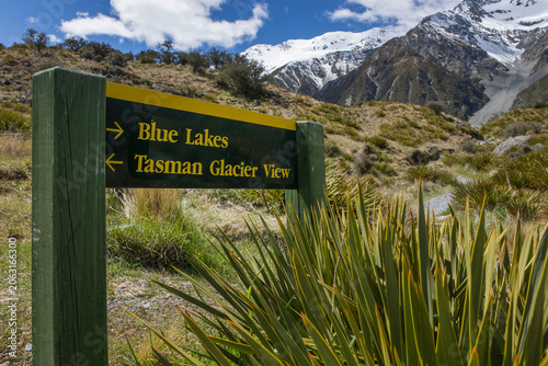 Information sign at walking trail at Blue lakes and Tasman Glacier view  New Zealand, Mount Cook National Park. Tasman Glacier view