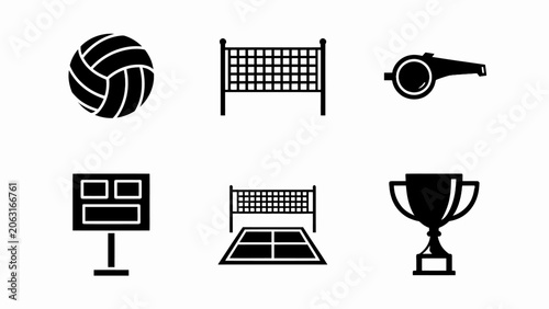 Tableau sur toile Volleyball Sports Icons Set: Ball, Net, Whistle, Scoreboard, Court, Trophy