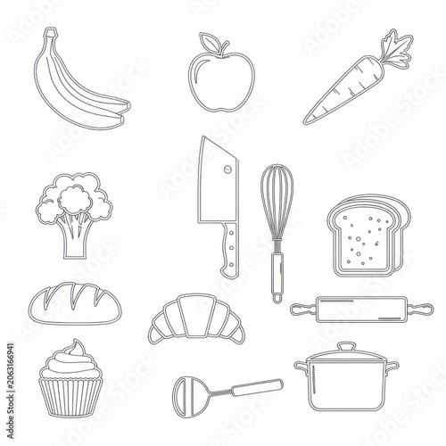 Vintage line drawings of common household items and appliances isolated on transparent background