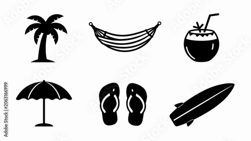 Foto Tropical Beach Vacation Icons: Palm Tree, Hammock, Coconut, Umbrella, Flip Flops